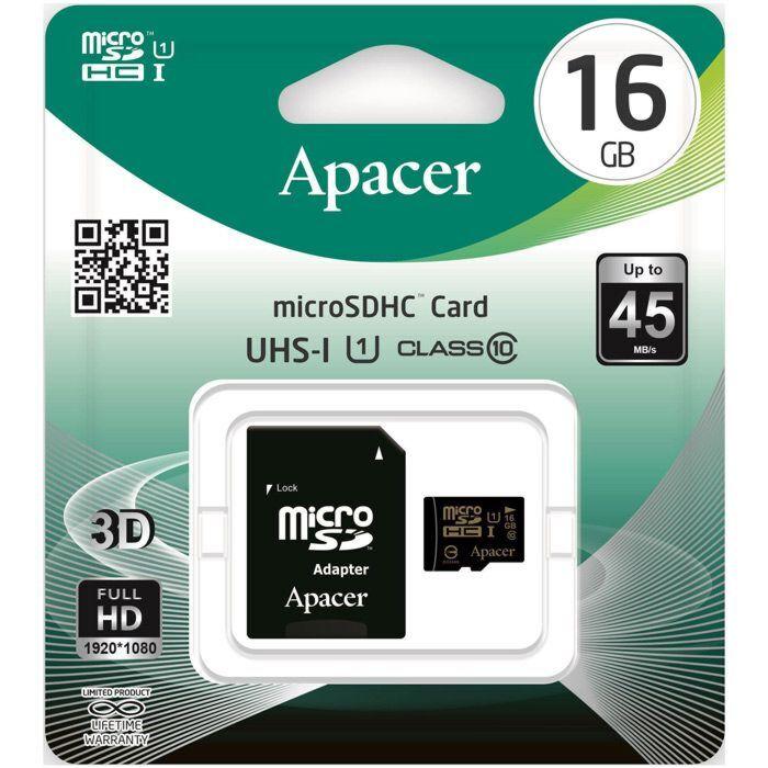 Карта памяти Micro SDHC 16Gb Apacer, Class 10 UHS-I U1, адаптер - фото 1 - id-p93146657