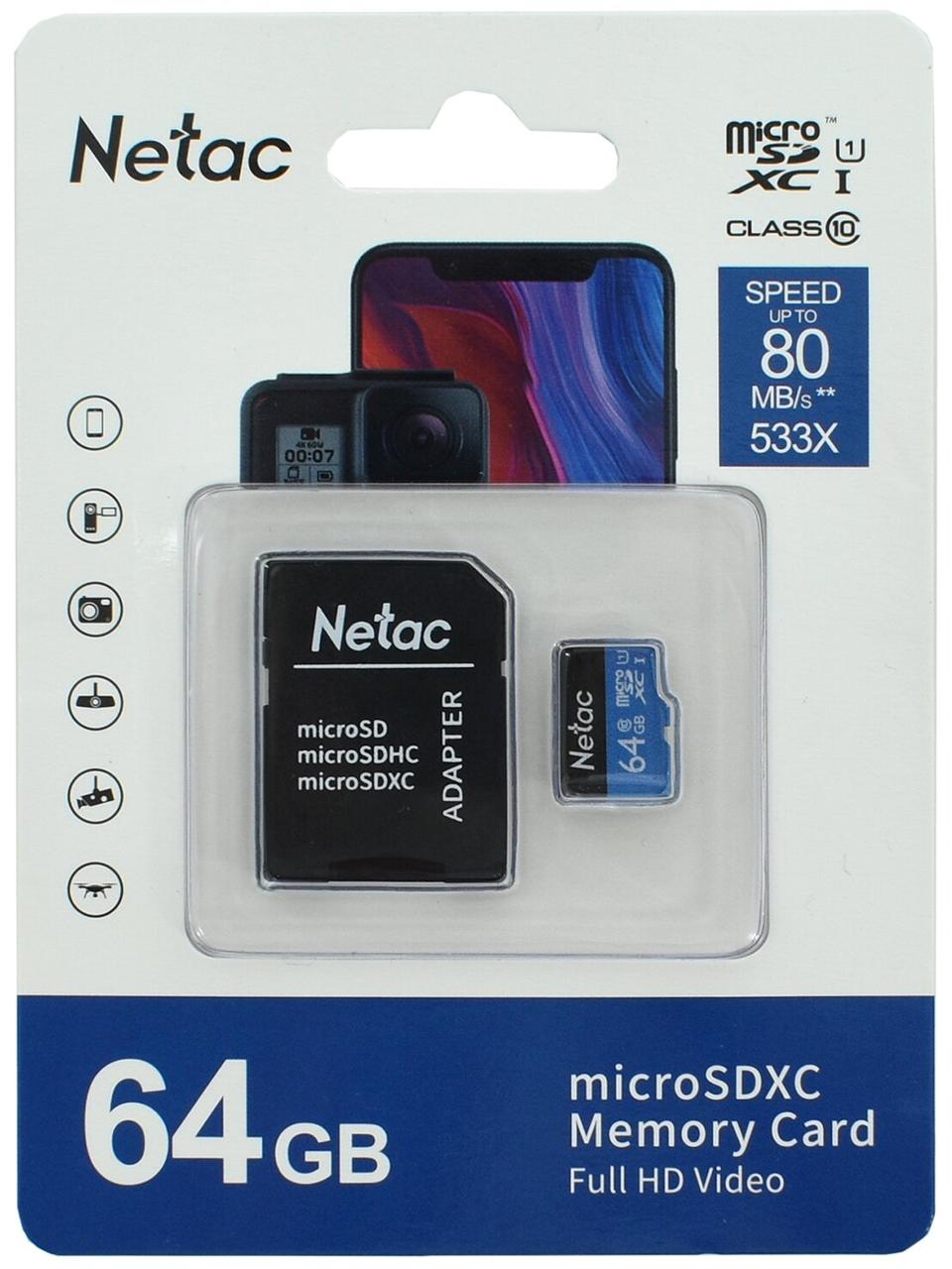 Карта памяти MicroSD 64GB Netac Class 10 U1 P500STN с адаптером SD - фото 4 - id-p93151228