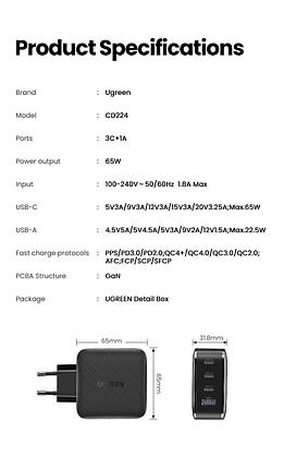 Зарядное устройство Gan X Ugreen 65W 3usb C + 1 USB, фото 2