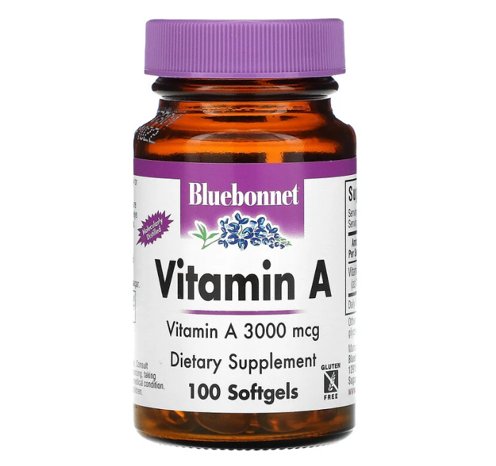 Bluebonnet Nutrition, витамин A, 3000 мкг, 100 капсул (10 000 МЕ из жира рыбьей печени)