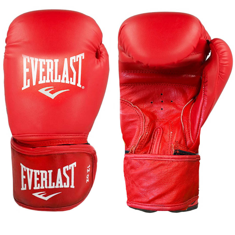 Боксерские перчатки кожаные 12-OZ Everlast красные с надписью - фото 1 - id-p89254547