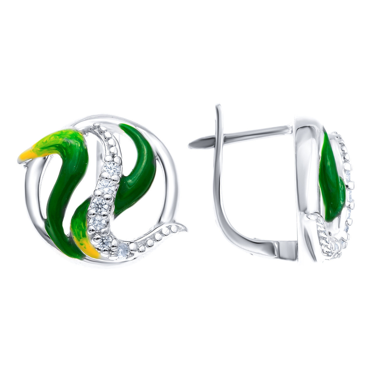 Серьги TEOSA серебро с родием, фианит эмаль, флора E1105-CZE-RR-GY