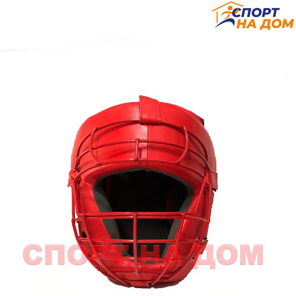 Шлем для каратэ с решёткой (красный-кожа) L