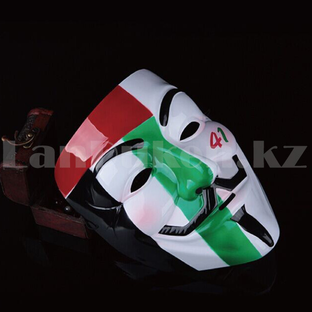 Маска Гая Фокса карнавальная маска с подкладками Анонимус белая с зеленым, красным и черным принтом 41 - фото 5 - id-p93333406