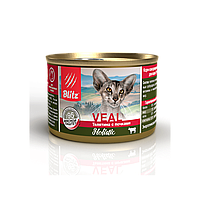 BLITZ Телятина с почками, корм консервированный полнорационный для кошек, мясной паштет, 200 гр