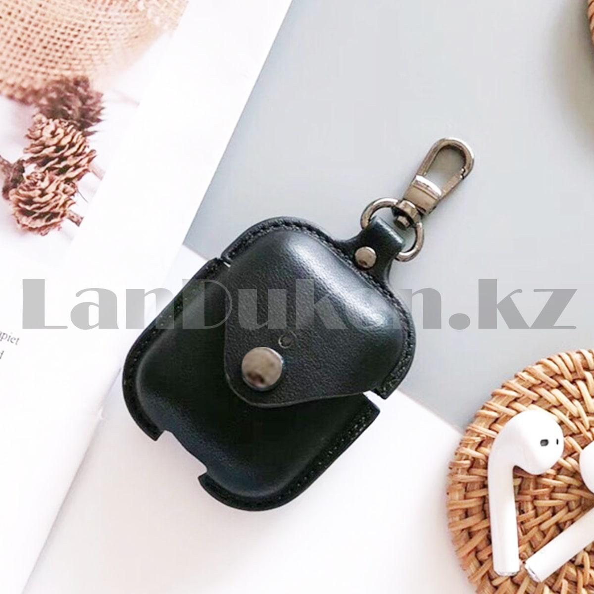 Чехол для беспроводных наушников на кнопке с карабином эко-кожа черный - фото 3 - id-p93610870