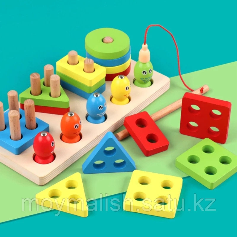 Деревянная игрушка 2в1 геометрическая пирамида логика 4 фигуры плюс рыбалка - фото 5 - id-p93788410