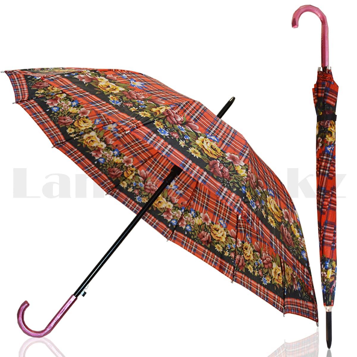 Зонт полуавтомат клетчатый с цветами темно-красный