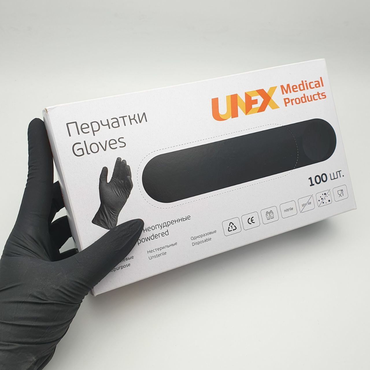 Черные перчатки виниловые UNEX 100 шт, M размер