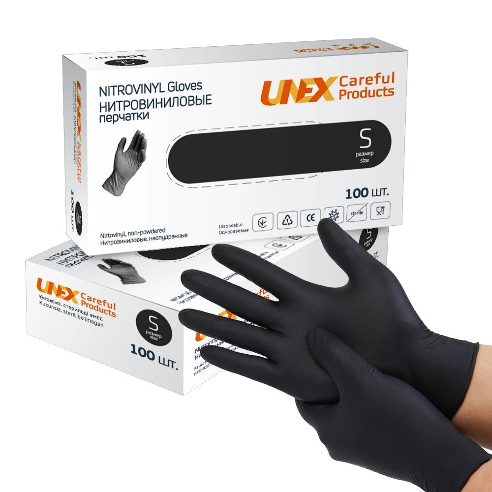Черные перчатки виниловые UNEX 100 шт, M размер - фото 3 - id-p93924685