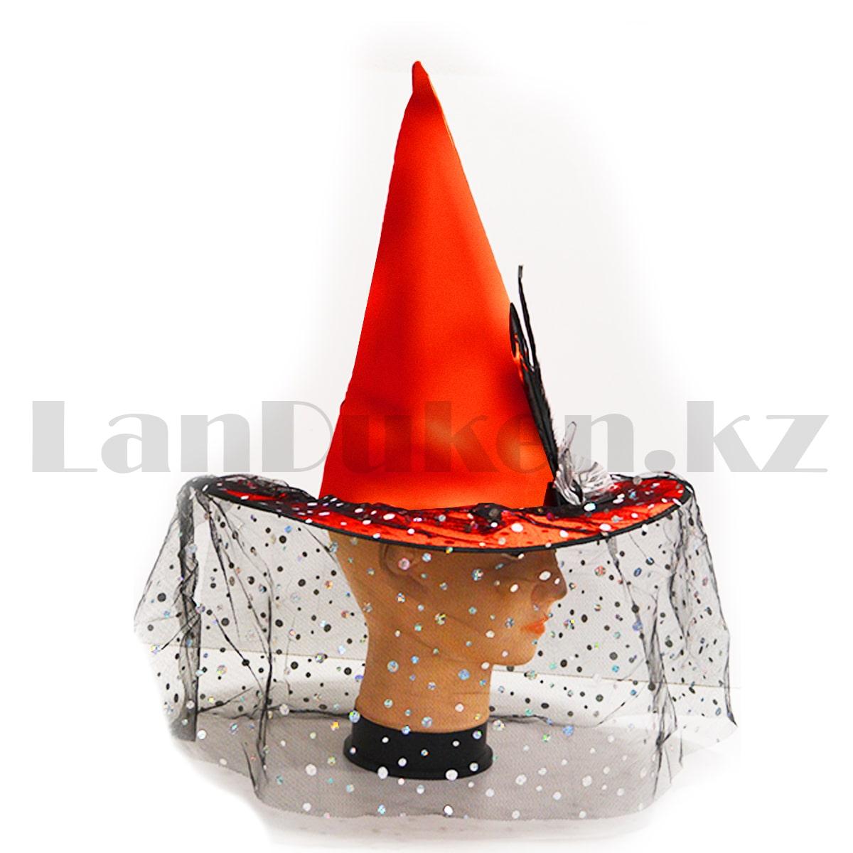 Шляпа ведьмы на Хэллоуин (Halloween) высота 35 см с вуалью черно-красная - фото 3 - id-p93969600