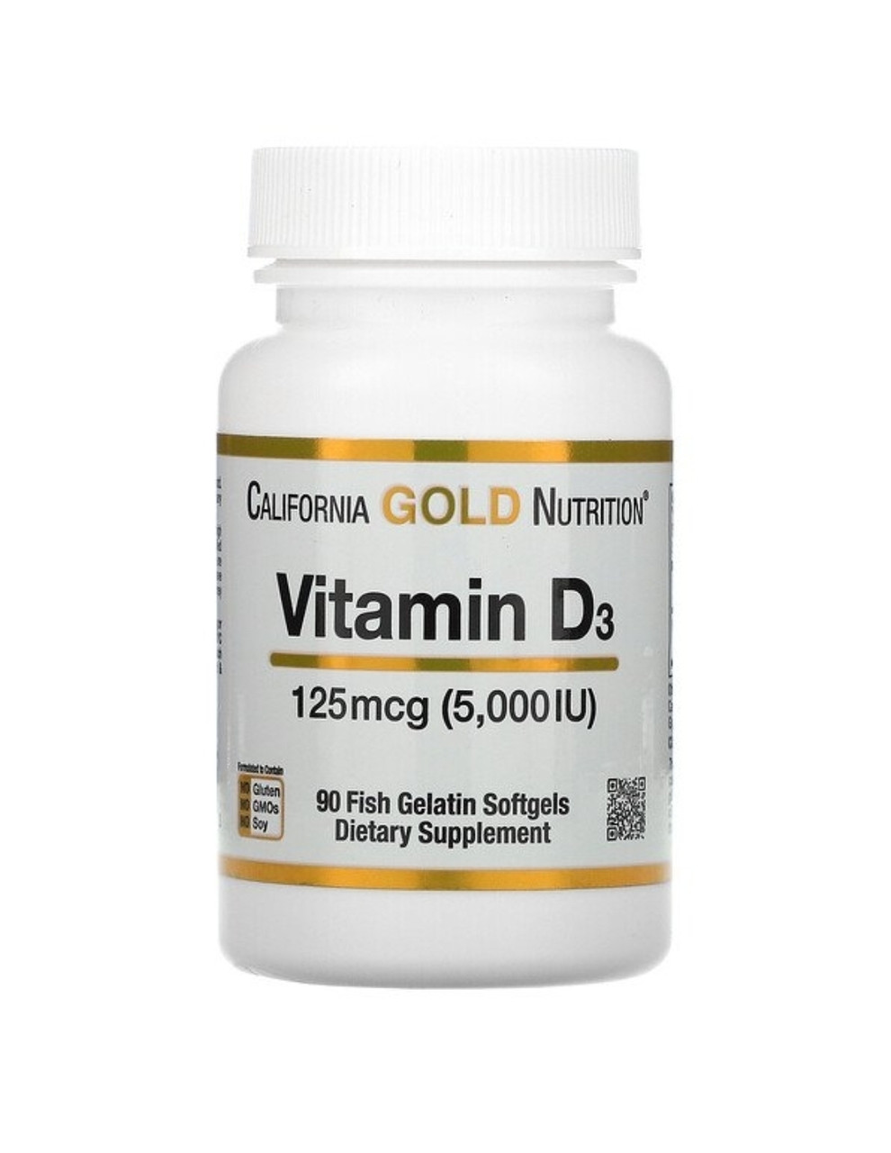 California Gold Nutrition, витамин D3, 125 мкг (5000 МЕ), 90 капсул из рыбьего желатина - фото 1 - id-p93982411