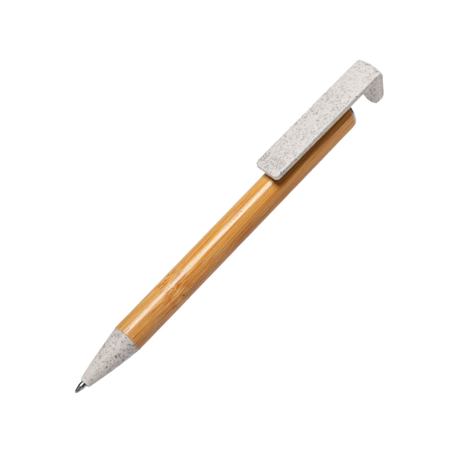 Ручка шариковая с подставкой для смартфона CLARION, бамбук, пластик с пшеничным волокном