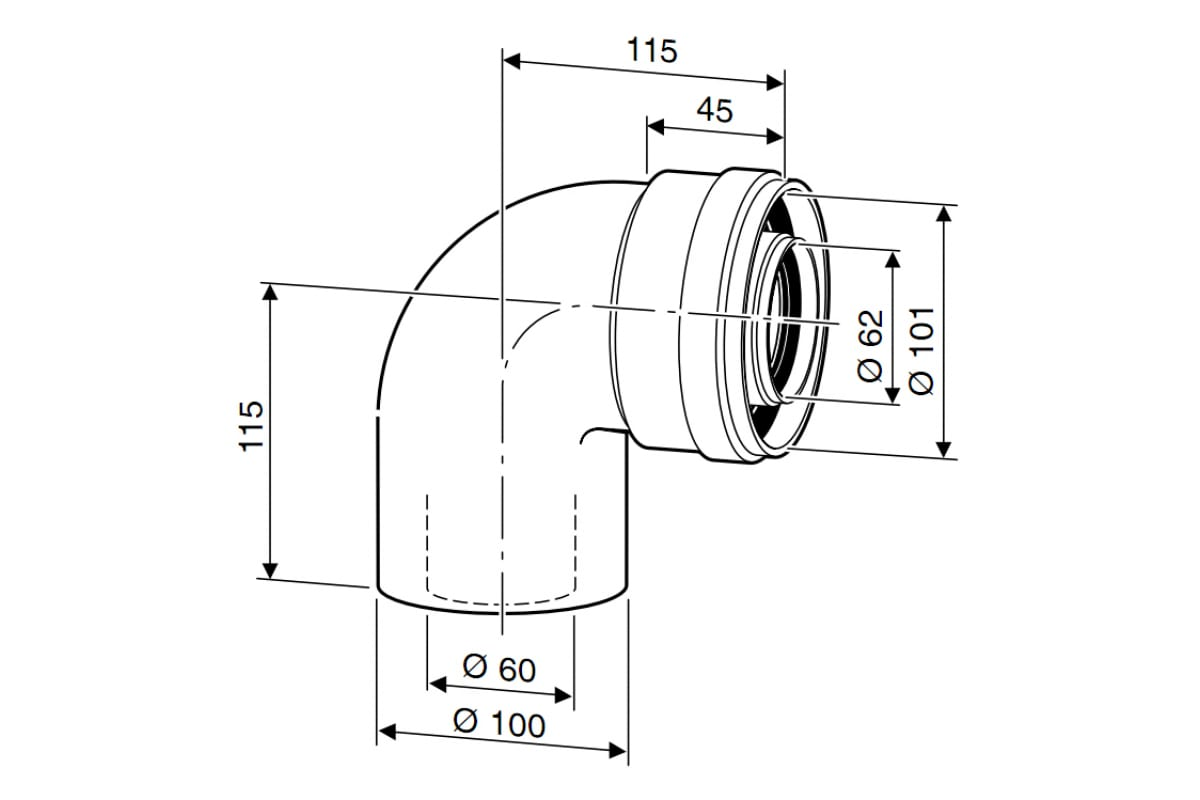 Колено угловое DN 60/100 mm, 90˚, для настенных котлов Logamax