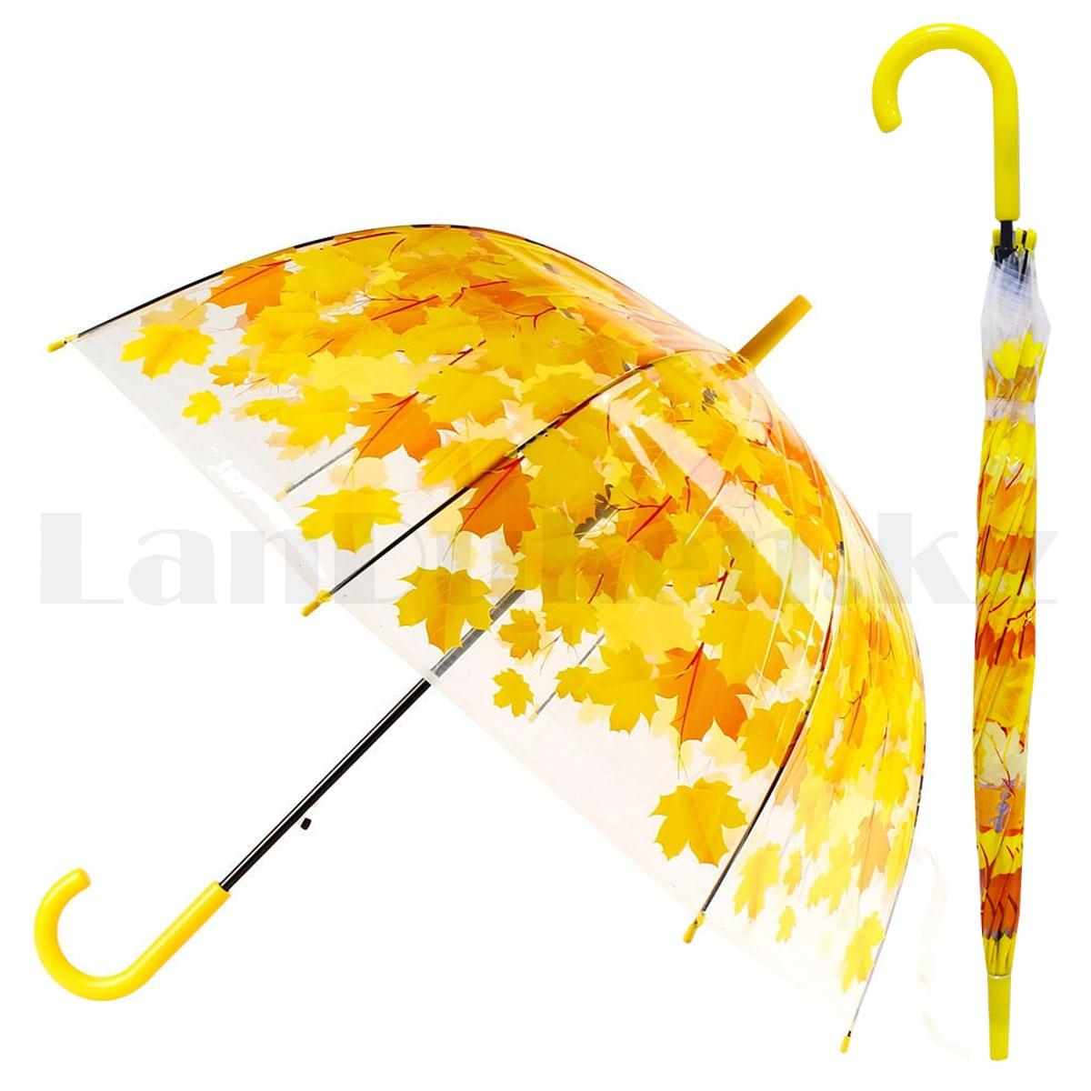 Зонт трость полуавтомат прозрачный 80 см с кленовыми листьями желтыми
