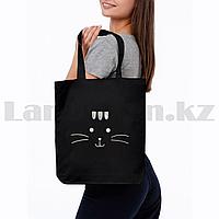 Шоппер эко сумка для покупок на молнии с плечевыми ремнями черная с котенком