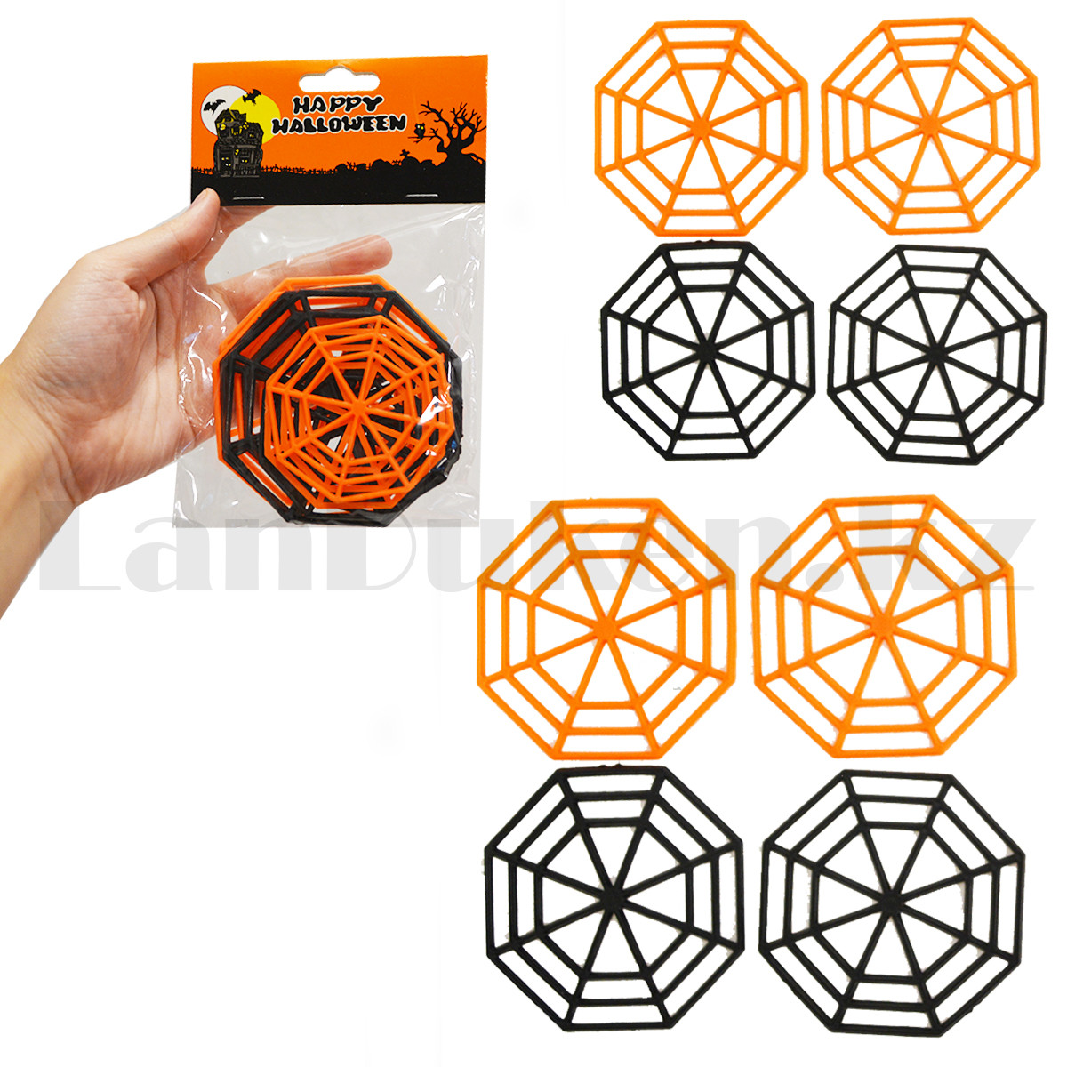 Набор пластиковых паутинок для Хэллоуина 8 шт черно-оранжевые