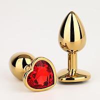 Золотая анальная пробка в виде сердца с красным кристаллом "ОКИ ЧПОКИ" 7 см, фото 1