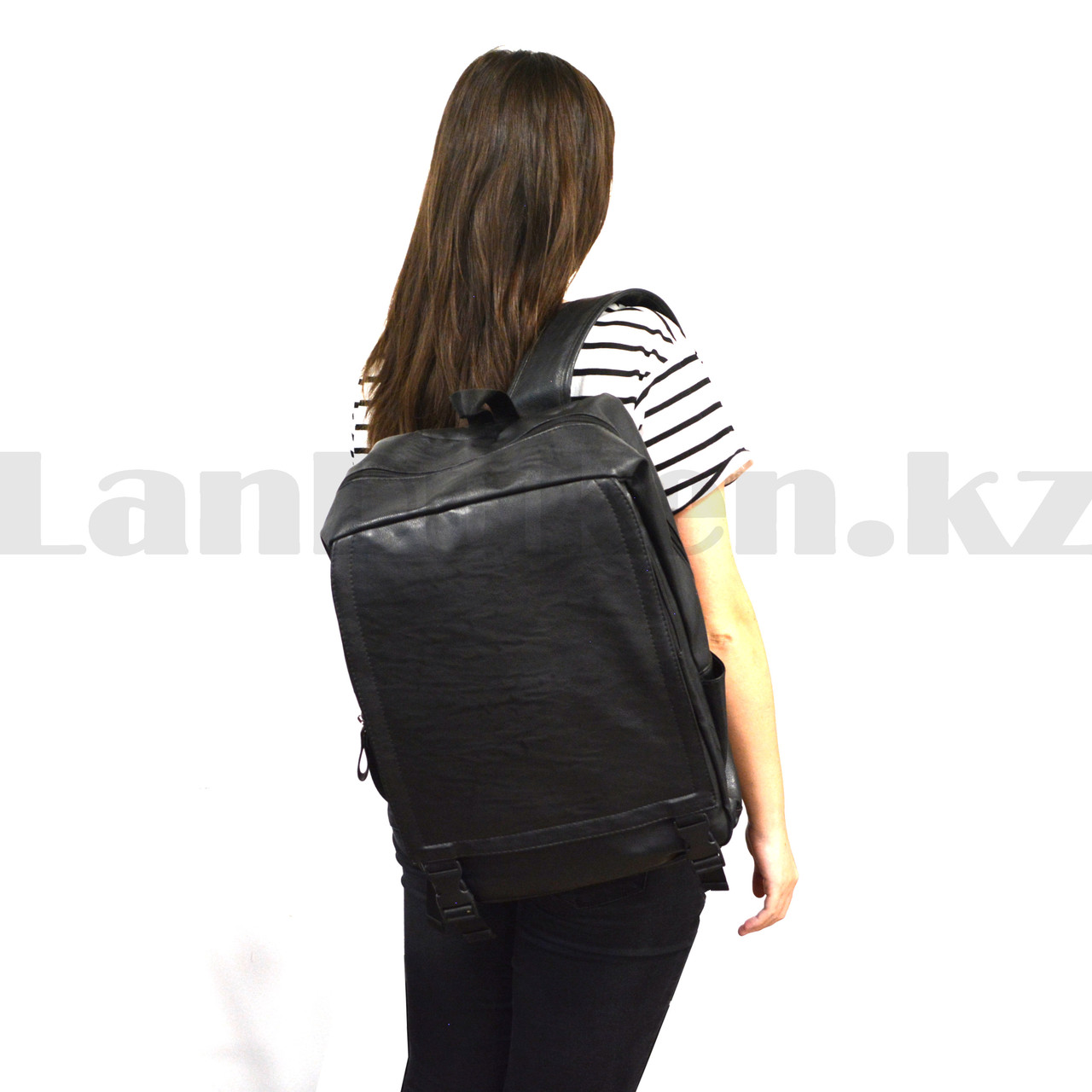 Рюкзак ранец эко-кожа с накладным отделением (черного цвета) - фото 3 - id-p94142601