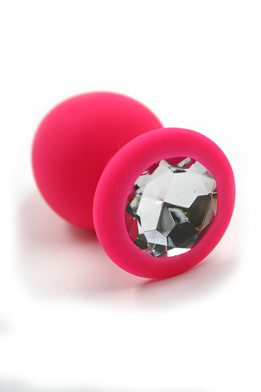 Розовая анальная пробка из силикона с прозрачным кристаллом (Medium)
