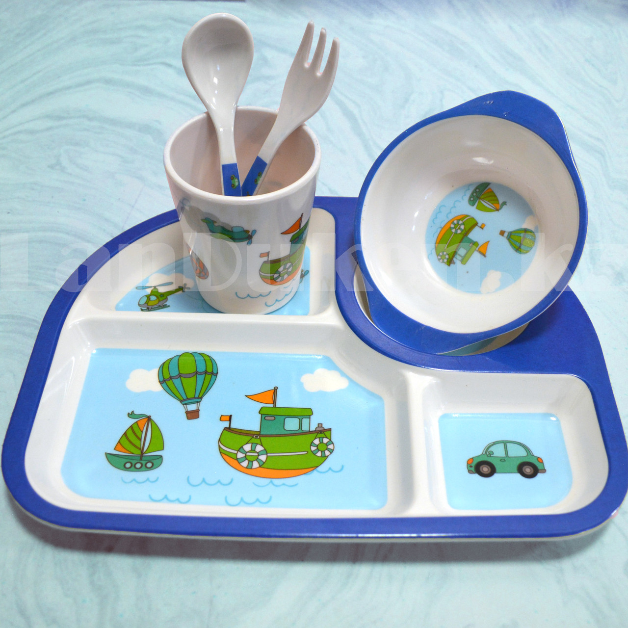 Набор детской посуды поднос стакан миска ложка и вилка голубой - фото 4 - id-p94157756
