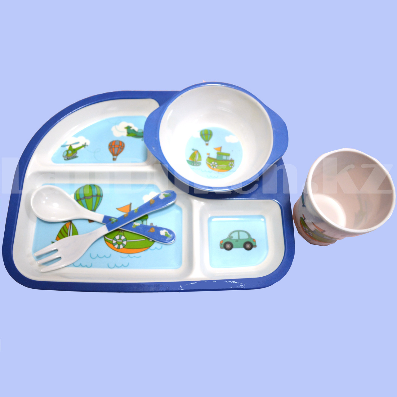 Набор детской посуды поднос стакан миска ложка и вилка голубой - фото 7 - id-p94157756