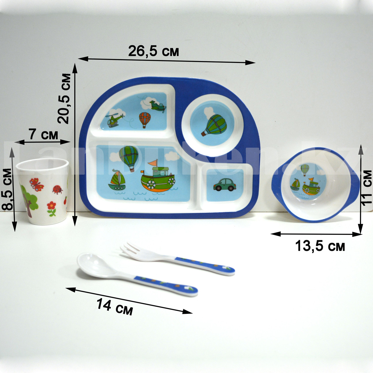Набор детской посуды поднос стакан миска ложка и вилка голубой - фото 2 - id-p94157756
