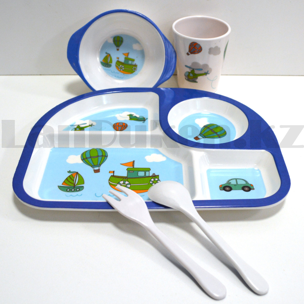 Набор детской посуды поднос стакан миска ложка и вилка голубой - фото 9 - id-p94157756