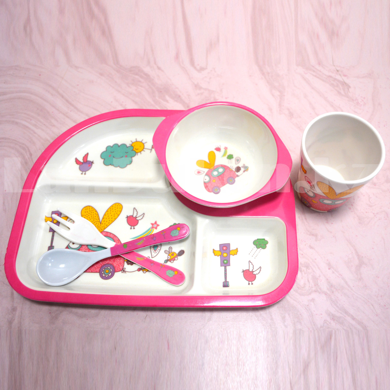 Набор детской посуды поднос стакан миска ложка и вилка розовый - фото 9 - id-p94158070