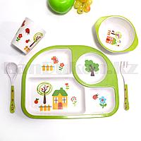 Набор детской посуды поднос стакан миска ложка и вилка зеленый