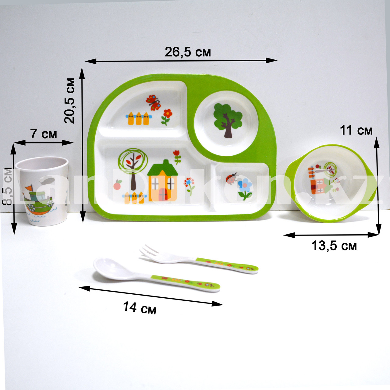Набор детской посуды поднос стакан миска ложка и вилка зеленый - фото 2 - id-p94158104