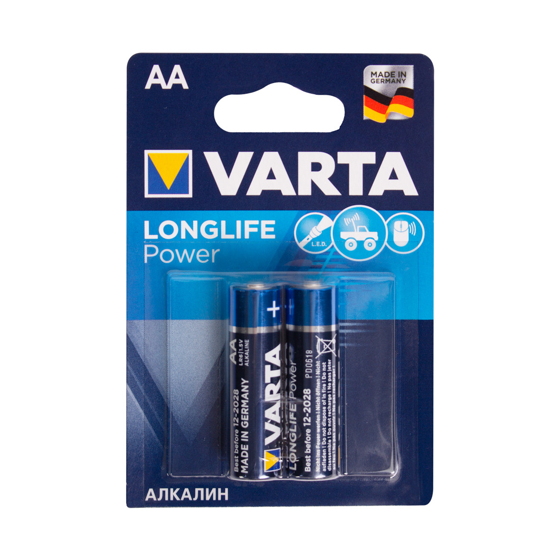 Батарейка, VARTA, LR6 Longlife Power Mignon, AA, 1.5V, 2 шт., Блистер