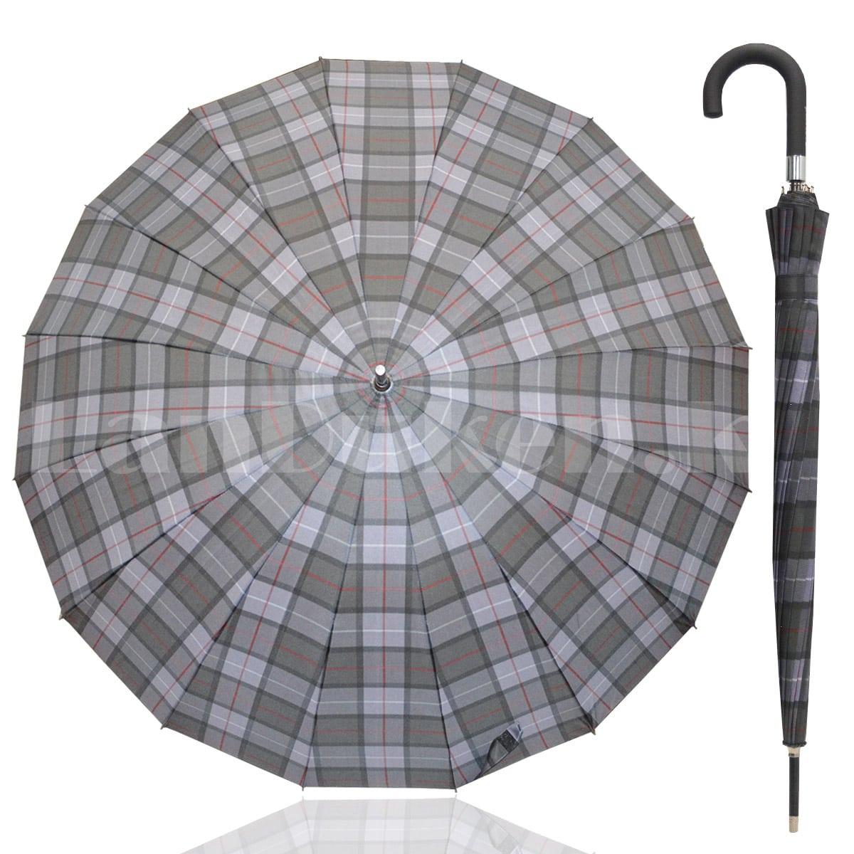 Зонт трость мужской полуавтомат в крупную клетку 94 см черно-серый
