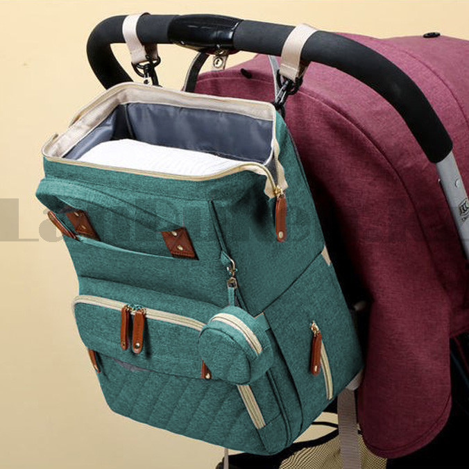 Сумка-рюкзак с термо отсеком с USB входом и шнуром с ремнями для коляски с кошельком на карабине березовая - фото 5 - id-p94240043