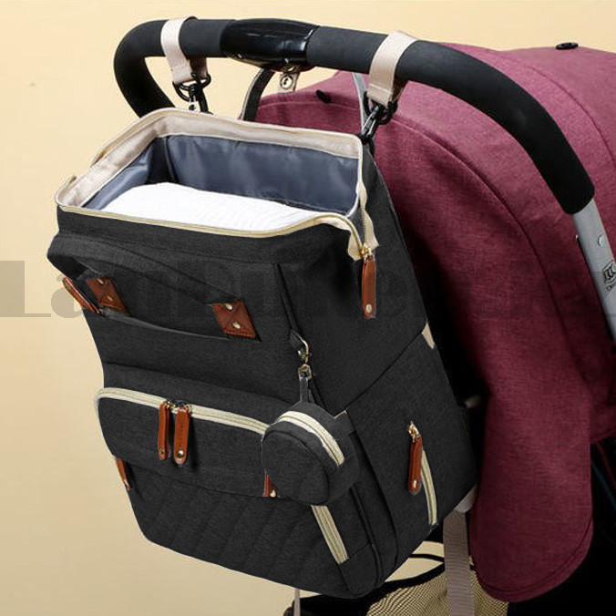 Сумка-рюкзак с термо отсеком с USB входом и шнуром с ремнями для коляски с кошельком на карабине черная - фото 5 - id-p94241729