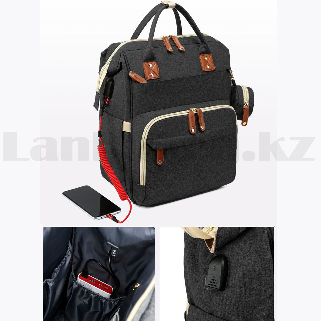 Сумка-рюкзак с термо отсеком с USB входом и шнуром с ремнями для коляски с кошельком на карабине черная - фото 6 - id-p94241729