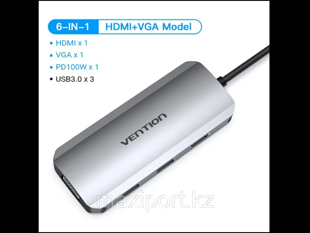 Usb-c Док-станция Vention 6в1 usb-c/hdmi/vga/usb3.0×3/PD 100W - фото 1 - id-p94324276