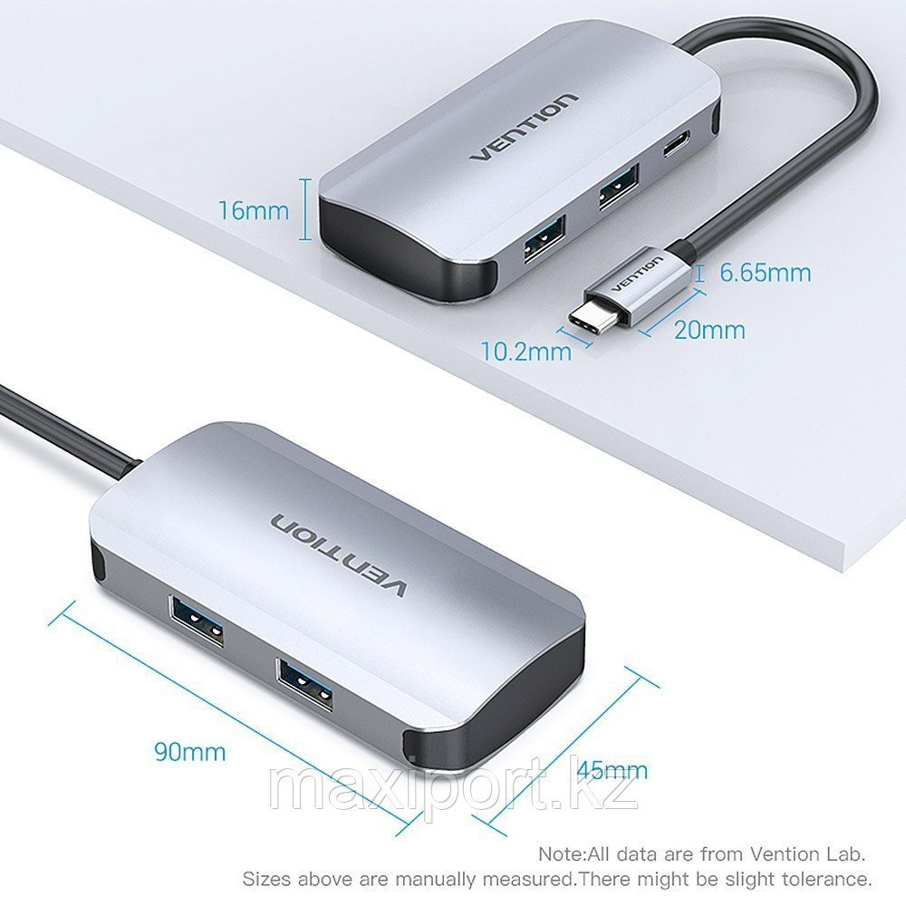 Type-c Hub Vention 5в1 Usb3.0×4/PD Hub 100W - фото 1 - id-p94324348