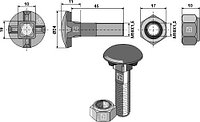 Болт для плуга M10 x 1,5 x 45 и шестигранная гайка