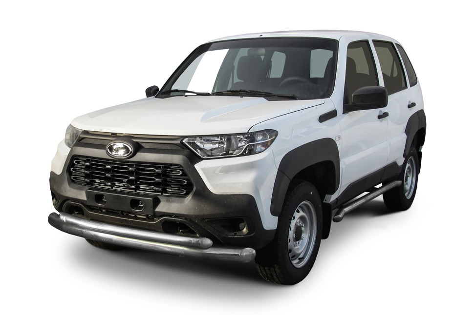 Защита переднего бампера d76+d57 двойная Lada Niva Travel (2020-2022)