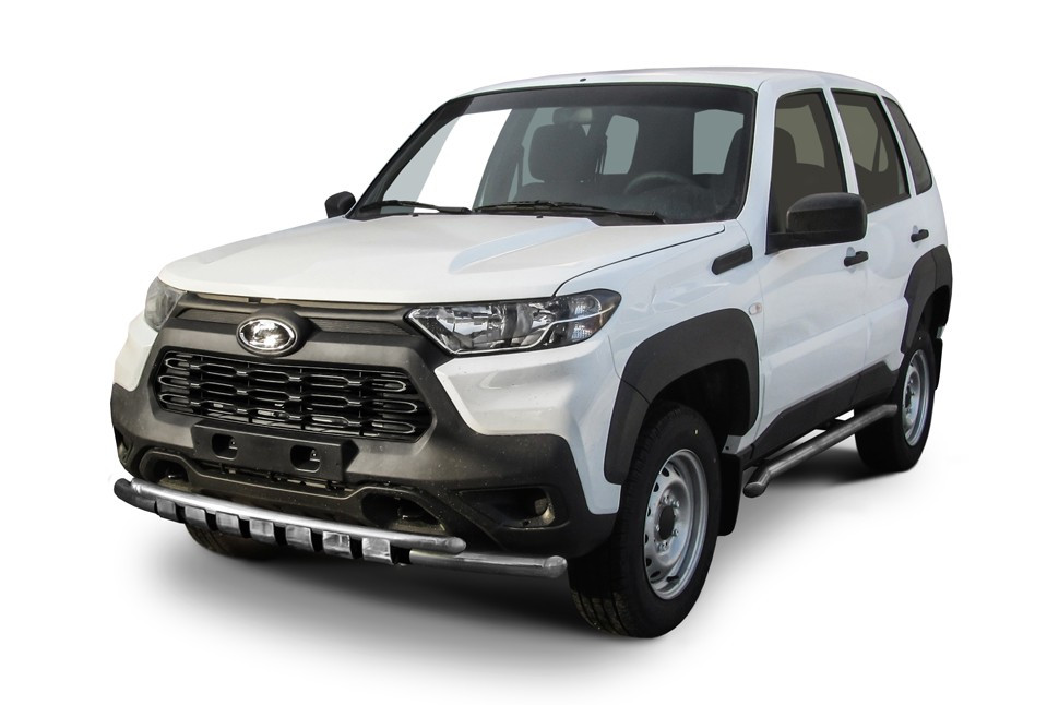 Защита переднего бампера d57+d42 двойная с декоративными элементами Lada Niva Travel (2020-2022)