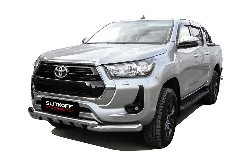 Защита переднего бампера d76+d57 двойная с профильной ЗК Toyota Hilux (2020-2022)