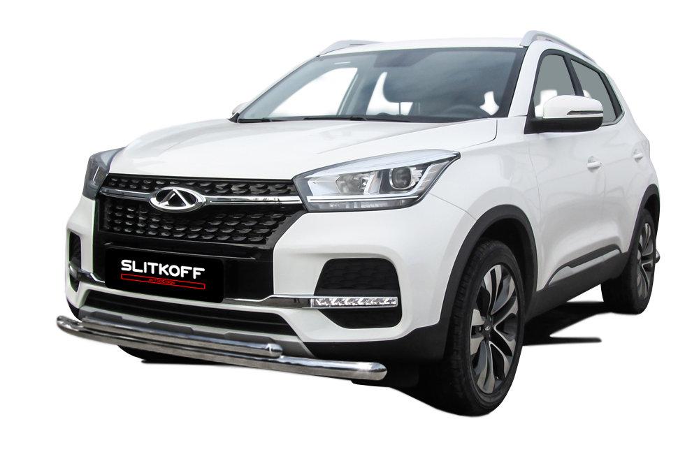 Защита переднего бампера d57+d42 двойная Chery Tiggo 4 (2018-2022)