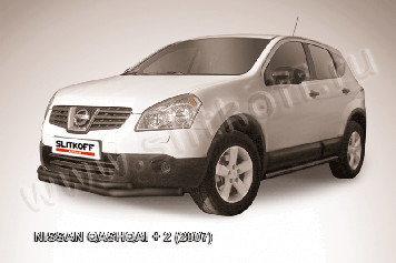 Защита переднего бампера d57+d42 двойная длинная черная Nissan QASHQAI +2 (2007)