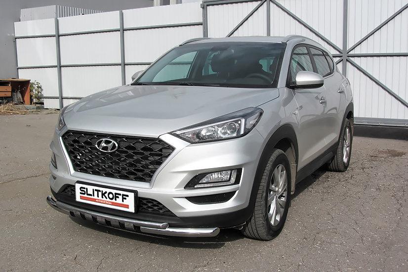 Защита переднего бампера d57+d42 двойная с декоративными элементами Hyundai Tucson (2018-2021)