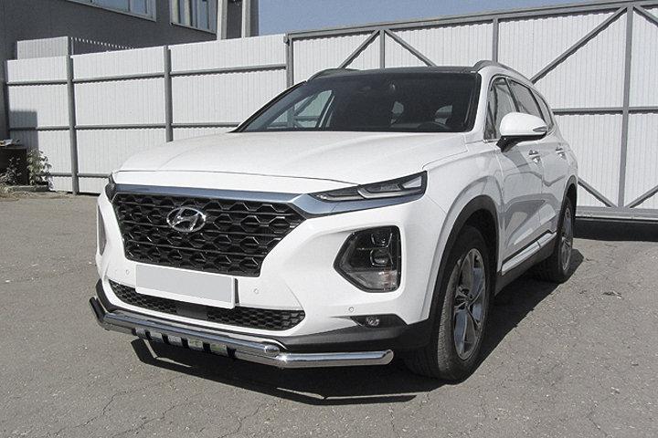 Защита переднего бампера d57+d42 двойная с декоративными элементами Hyundai Santa-Fe (2018-2021)