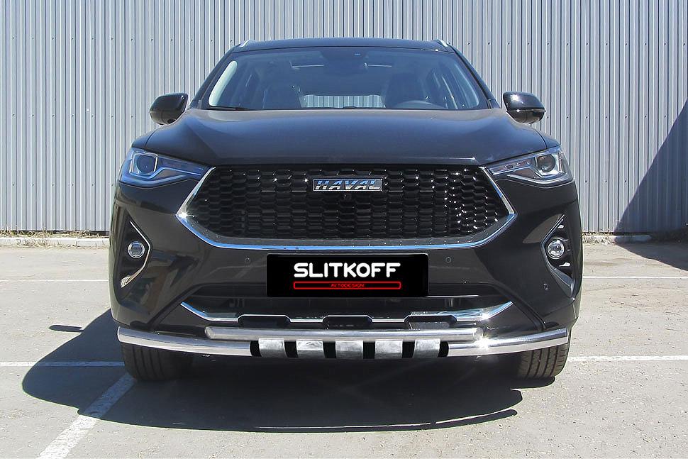 Защита переднего бампера d57+d42 двойная с декоративными элементами Haval F7 / Haval F7x (2019-2022)