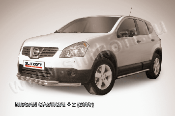 Защита переднего бампера d57+d42 двойная длинная Nissan Qashqai +2 (2008-2010)