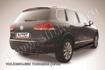 Защита заднего бампера d57+d57 двойная черная Volkswagen Touareg (2010-2014)