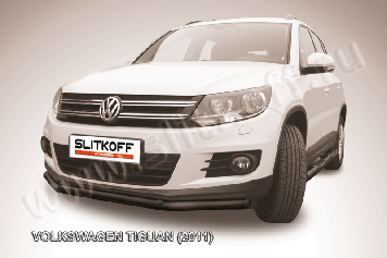 Защита переднего бампера d57+d42 двойная черная Volkswagen Tiguan (2011-2016)